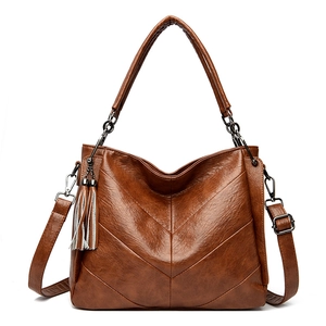 Women Large Capacity PU Leather Tote Bag V-Stitched Chevron Shoulder Handbag With Tassel Retro Elegant Simple