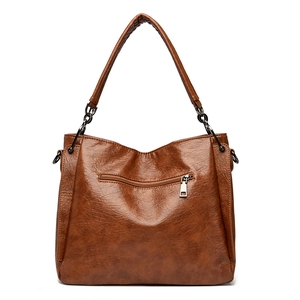 Classic brown leather shoulder bag with textured finish and metal zip pocket for women
