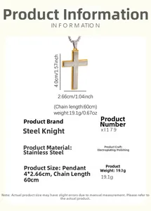 Dimensions détaillées du pendentif croix bicolore en acier avec chaîne de 60cm