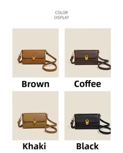 Detailed color display of vintage square crossbody bags in brown, coffee, khaki, and black