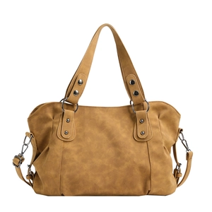 Retro large capacity tote bag in brown faux leather with silver studs and shoulder strap
