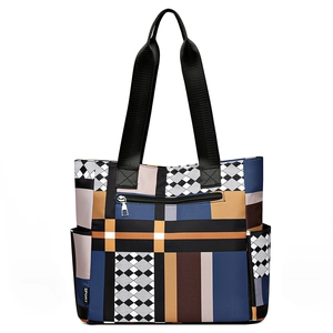 Borsa tote alla moda con motivi geometrici color-block e tasca anteriore con zip