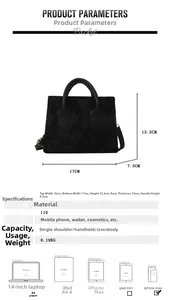 Size chart for black floral embossed small tote bag with capacity comparison for mobile phones