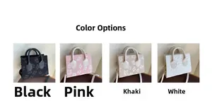Mini floral handbags shown in black, pink, khaki, and white color options