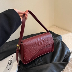Sac Sous Le Bras Pour Femme Motif Crocodile Cuir PU Rétro Sac Baguette Épaule Matériel Doré