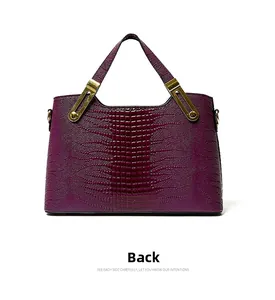 Detailed back view of a large purple tote bag with crocodile pattern and metal D-rings