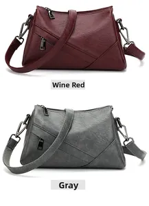 Détail de sacs à bandoulière en similicuir grainé dans les coloris bordeaux et gris foncé