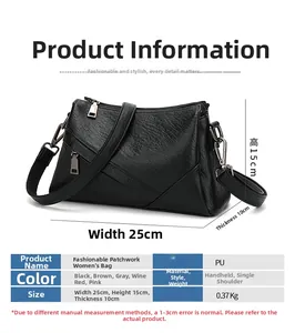 Détail du sac bandoulière noir en cuir PU avec dimensions 25x15x10cm et surpiqûres