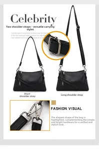 Détail d'un sac à main noir en cuir grainé avec deux bandoulières amovibles et boucles