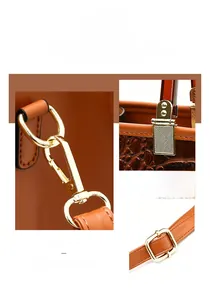 Details goldener Beschläge und brauner Krokoprägung auf einer Lederhandtasche mit Schultergurt