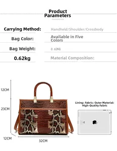 Detaillierte Größentabelle der braunen Kroko-Handtasche mit genauen Maßangaben