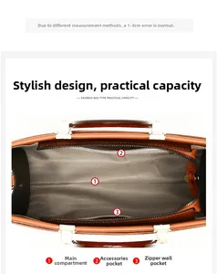 Detailansicht der braunen Handtasche mit drei funktionalen Innenfächern und Futter