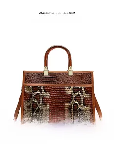Details der braunen Handtasche mit Krokodil- und Schlangenprägung und Harzgriff