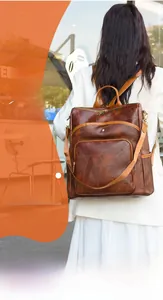 Detail of vintage brown backpack showing high-quality leather texture and metallic zippers