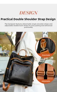 Detail of black faux leather backpack featuring brown trim and adjustable straps