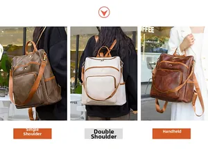 Three-way vintage leather backpack shown in backpack, shoulder bag, and handbag modes
