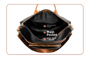 Interior view of large leather backpack showing main pocket and multiple compartments