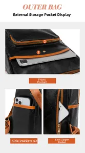 Detail of black pebbled leather backpack showing side pockets and rear anti-theft zip pocket