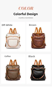 Detail view of large capacity backpack in white, brown, coffee and black vegan leather
