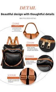 Close-up of litchi texture leather backpack with metallic zippers and adjustable straps