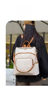 Minimalist beige backpack for women featuring large capacity and stylish retro patchwork