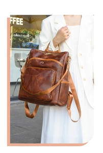 Brown vintage faux leather backpack with adjustable straps on a model in white blazer