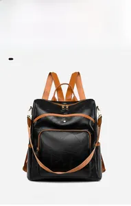 Detail of black and orange oxford fabric backpack with gold metal zippers and pockets