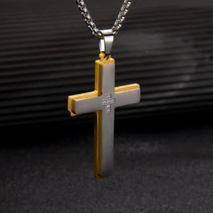 Collier Pendentif Croix Double Couche Acier Inoxydable Bicolore Or Argent Avec Zircons Bijoux Hip Hop Punk Pour Hommes