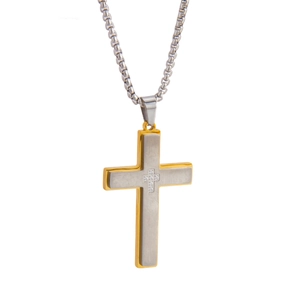 Collier avec pendentif croix bicolore argent et or, serti de cristaux et chaîne à maillons