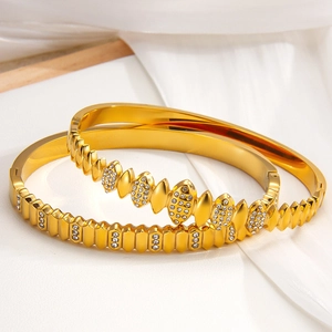 PVD 18k gold plated stainless steel bangles with checkered diamond inlay patterns