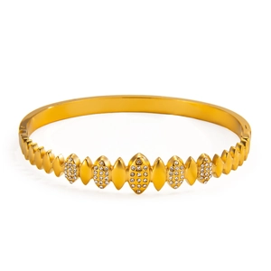Gold PVD stainless steel bangle with diamond checkered pattern and pavé zircon stones