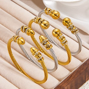 Twisted Cable Cuff Bangle Stainless Steel Rhinestone Inlaid Ball Ends Adjustable Vintage Luxury Bracelet For Women