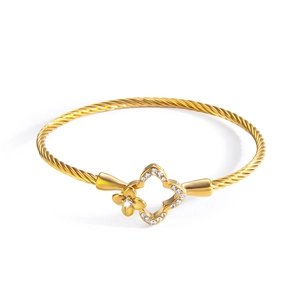 Bracelet jonc en corde 18 carats avec trèfle serti de cristaux brillants pour femmes