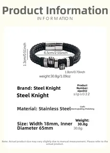 Size guide for men's leather bracelet with 18mm width and 65mm inner diameter specifications