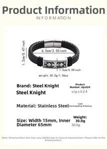 Detail showing cross-patterned stainless steel clasp on black woven leather bracelet