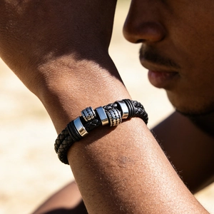 Men Braided Leather Bracelet With Stainless Steel Beads Magnetic Clasp Multilayer Retro Punk Style Wristband