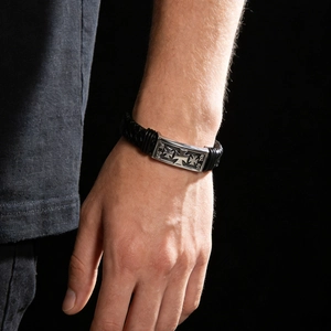 Men's punk braided black leather bracelet with three vintage gothic cross metal plaques