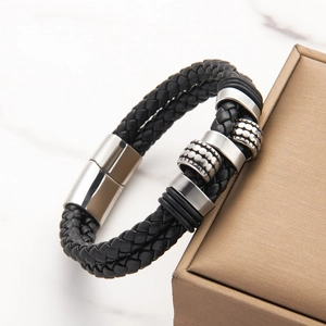 Men's double-layered black woven leather bracelet with silver magnetic stainless steel clasp