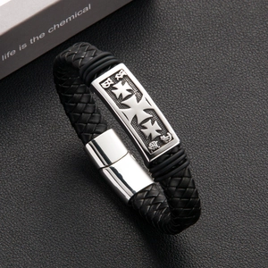 Men's vintage punk woven leather bracelet with maltese cross silver buckle detail