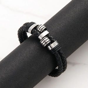 Men's retro punk braided leather bracelet with silver-tone stainless steel beads decoration