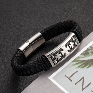 Men's retro punk braided leather bracelet with silver cross plaque and magnetic clasp