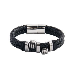 Retro punk black woven leather bracelet for men featuring a magnetic silver metal clasp