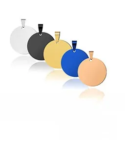 Polished stainless steel round pet tags in five colors shown in a row with reflections