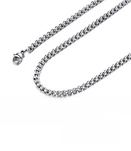 Detailed view of polished stainless steel square pearl chain with bright silver finish