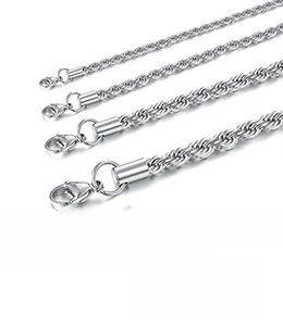 Detailed close-up of stainless steel rope chain necklaces showing lobster clasps