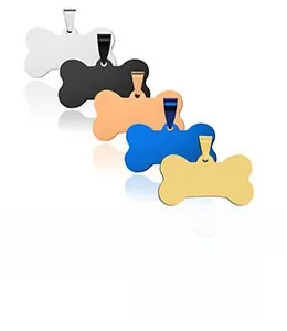 Detailed close-up of bone-shaped stainless steel pet ID tags in five metallic colors