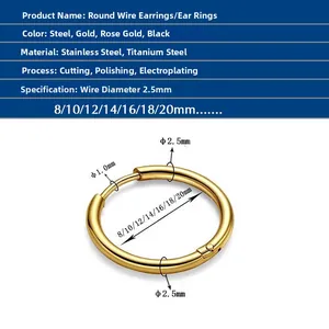 Technical drawing showing 2.5mm gold titanium steel hoop earring dimensions and sizes