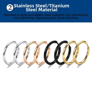 Detailed view of 2.5mm stainless steel hoop earrings in silver, gold, rose gold and black
