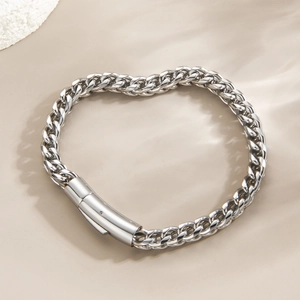 Bracelet gourmette poli en acier inoxydable argenté avec fermoir barre pour hommes