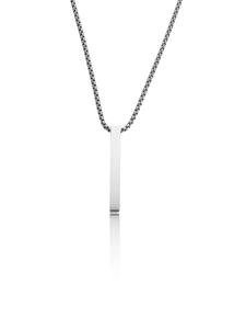 Detailed view of a vertical rectangular column pendant with brushed stainless steel texture